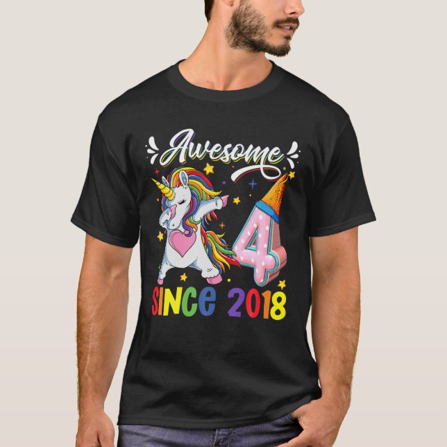Camiseta Dabbing Unicorn 4. º Aniversário 2018 4 anos O (Frente)