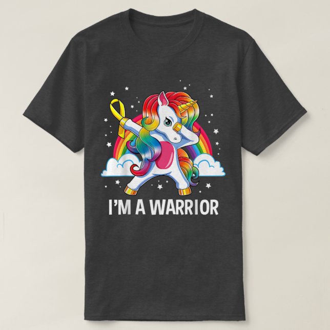 Camiseta Dabbing Unicorn Chilhood Cancer Awarness Warrior (Frente do Design)