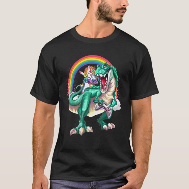 Camiseta Dabbing Unicorn Dinossaur Game Controller Rainbow  (Frente)