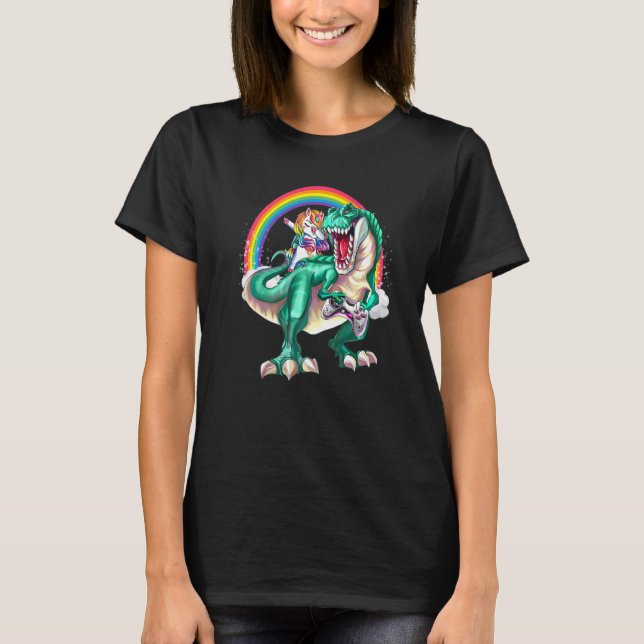 Camiseta Dabbing Unicorn Dinossaur Game Controller Rainbow  (Frente)