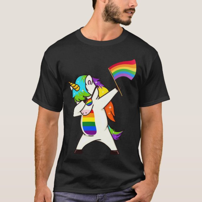 Camiseta Dabbing Unicorn Gay Pride LGBT  Lesbian Rainbow Fl (Frente)