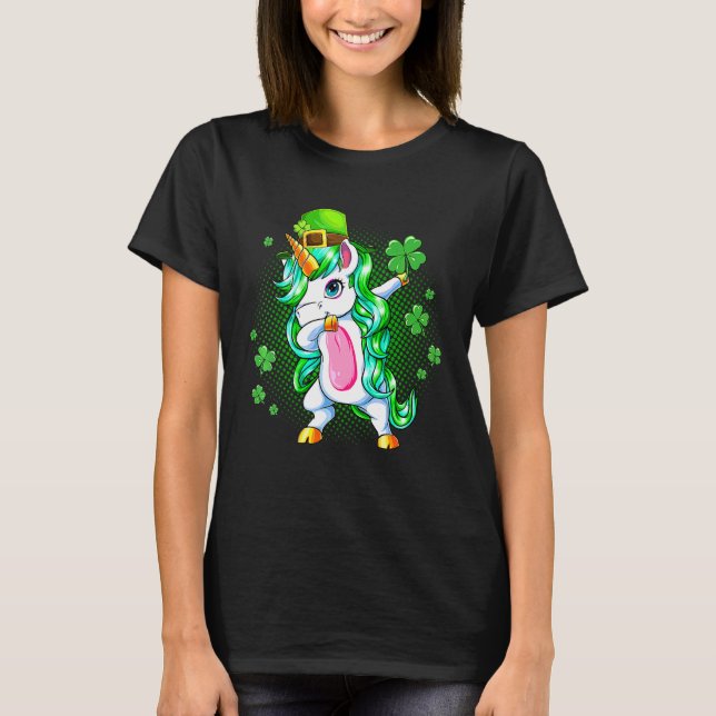 Camiseta Dabbing Unicorn Girls Shamrock Para Dia de São Pat (Frente)