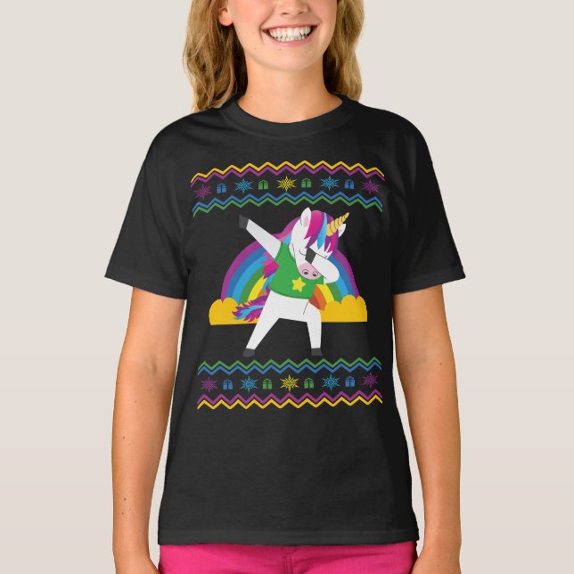 Camiseta Dabbing Unicorn Rainbow Ugly Christmas Sweater (Frente)