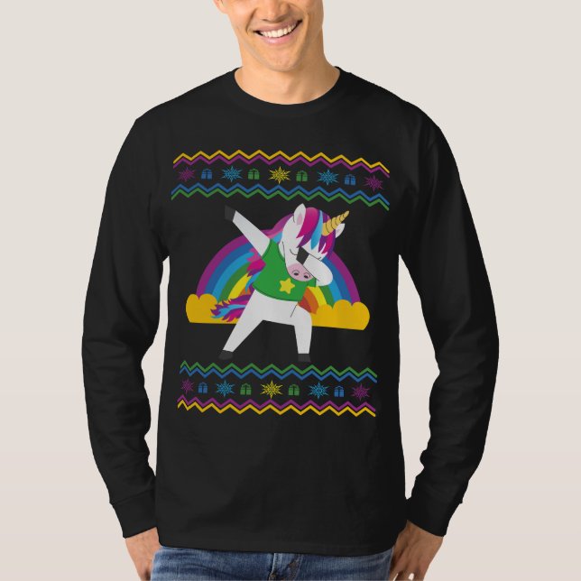 Camiseta Dabbing Unicorn Rainbow Ugly Christmas Sweater (Frente)
