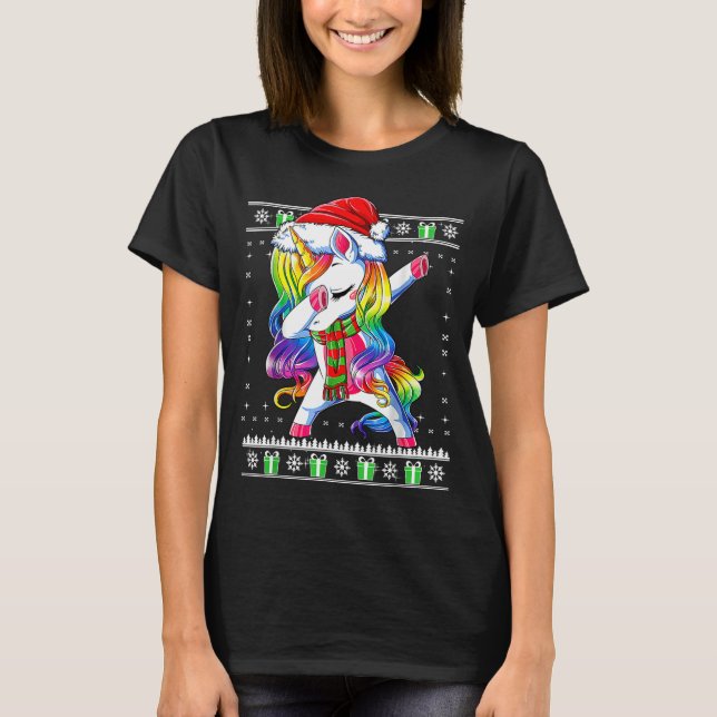 Camiseta Dabbing Unicorn Santa Sweater Christmas Ugly Kids  (Frente)