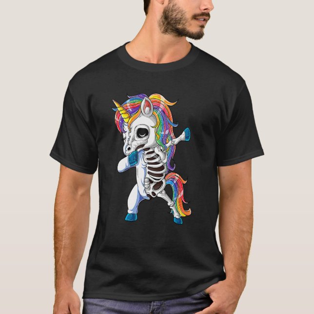 Camiseta Dabbing Unicorn Skeleton Skulls Halloween Boys Gir (Frente)
