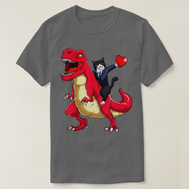 Camiseta Dabbing uxedo Cat Riding Dinossaur Dia de os namor (Frente do Design)