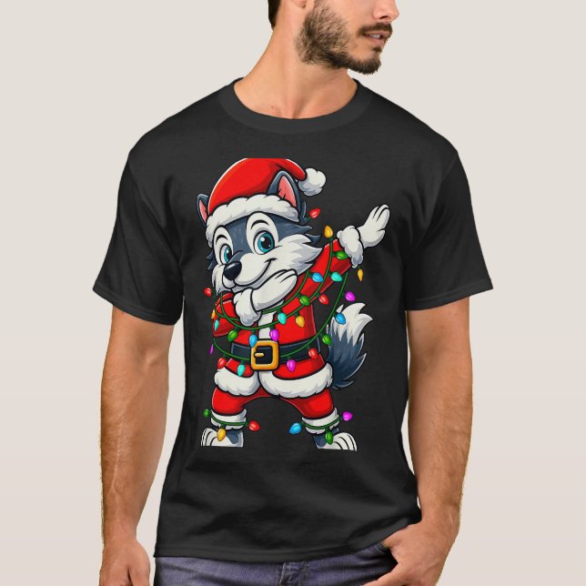 Camiseta Dabbing Wolf Lights Santa Xmas Girls Boys Kids Chr (Frente)