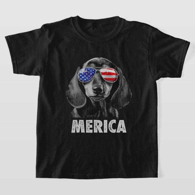 Camiseta Dachshund 4 de julho Merica Men American Flag Sun (Postura )