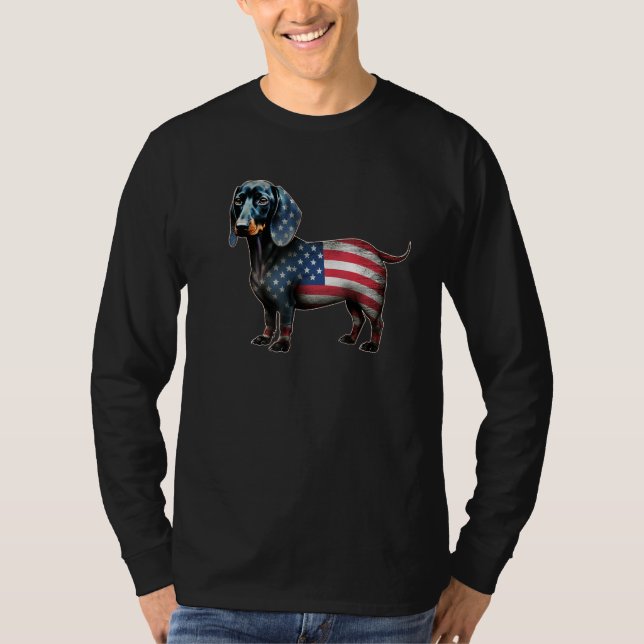 Camiseta Dachshund 4th of July American Flag Dog  Men Women (Frente)
