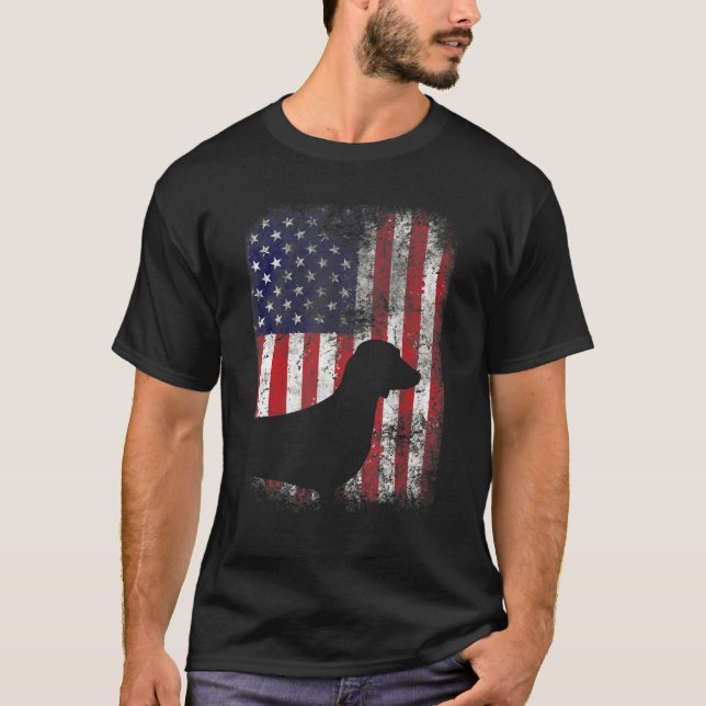 Camiseta Dachshund American Flag Usa - Cão Patriótico (Frente)