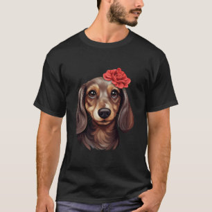 Camiseta Dachshund Bonito em Flower Headband Red Bandana Lo