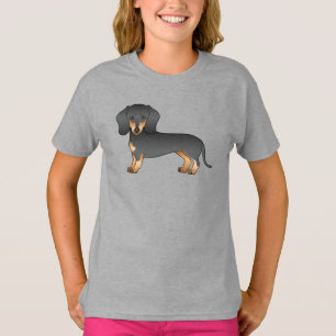 Camiseta Dachshund Cartoon Cute de Pelo Liso Preto e Castan