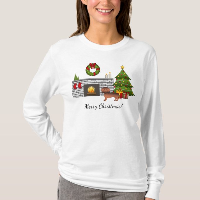 Camiseta Dachshund Casaco Liso Sable Vermelho em Sala de Na (Frente)