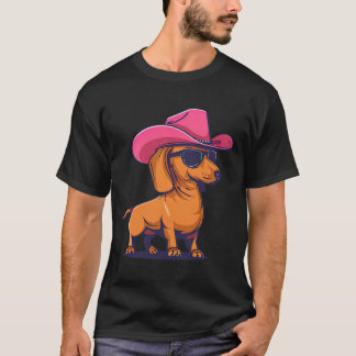 Camiseta Dachshund Chapéu de Cowboy Rosa Cachorro Salsicha 
