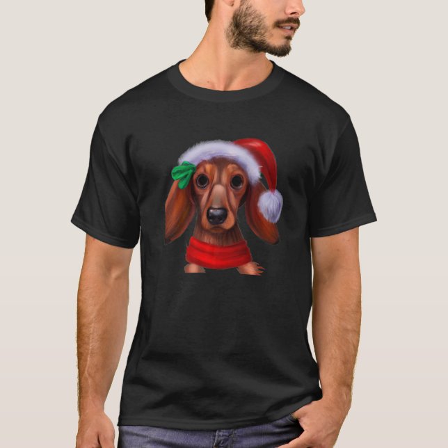 Camiseta Dachshund Chiweenie Wiener Dog Santa Claus Hat Chr (Frente)