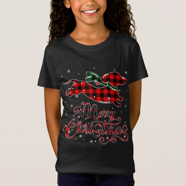 Camiseta Dachshund Christmas Red Xadrez Buffalo Pajamas Xma (Frente)