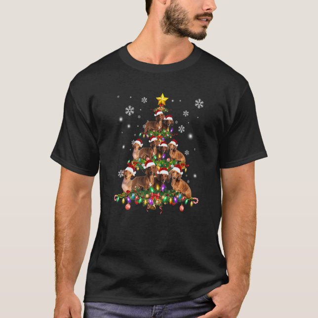 Camiseta Dachshund Christmas Tree Dachshund Santa Hat Light (Frente)