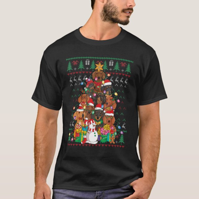 Camiseta Dachshund Christmas Tree Santa Hat Ugly Sweater Do (Frente)