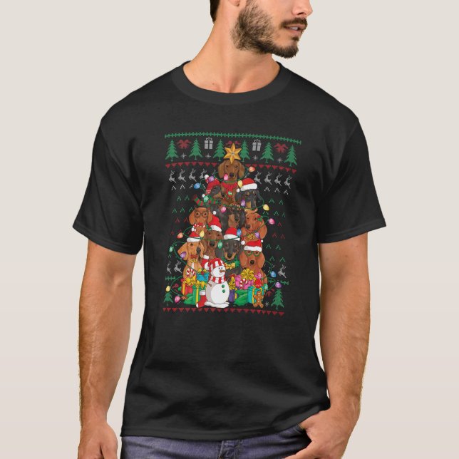 Camiseta Dachshund Christmas Tree Santa Hat Ugly Sweater Do (Frente)