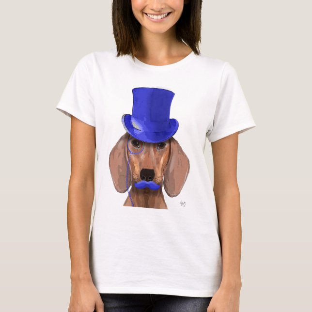 Camiseta Dachshund com Chapéu Azul e bigode Azul (Frente)