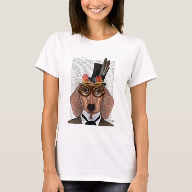 Camiseta Dachshund com Chapéu e Óculos Superiores (Frente)