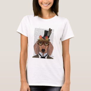 Camiseta Dachshund com Chapéu e Óculos Superiores