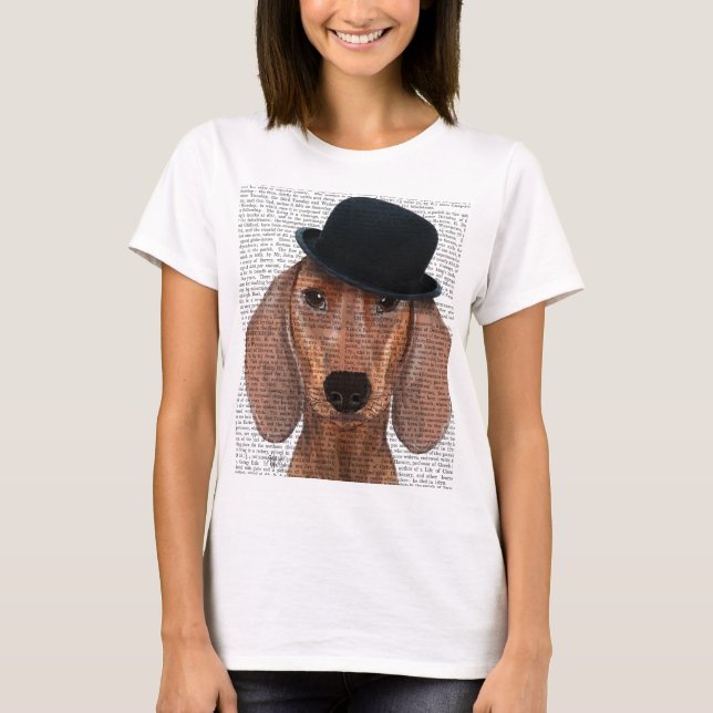 Camiseta Dachshund com Chapéu Negro (Frente)