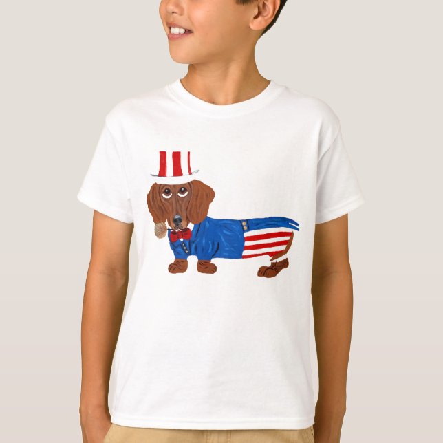 Camiseta Dachshund Com Roupas do Tio Sam (Frente)