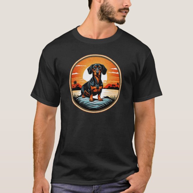 Camiseta Dachshund Contra Retro Sunset Vintage (Frente)