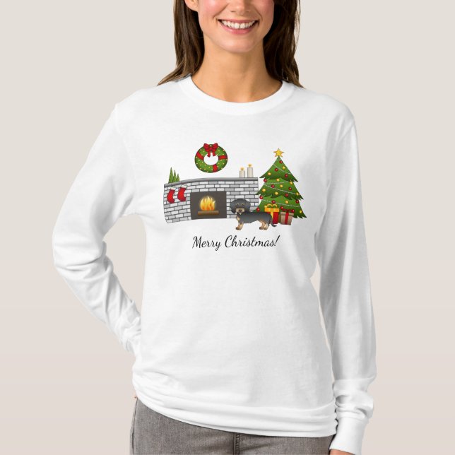 Camiseta Dachshund de Cabelo Fio Preto e Castanho - Sala de (Frente)