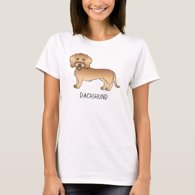 Camiseta Dachshund de Cabelo Rijo Trigo Cartoon Cão e Texto (Frente)