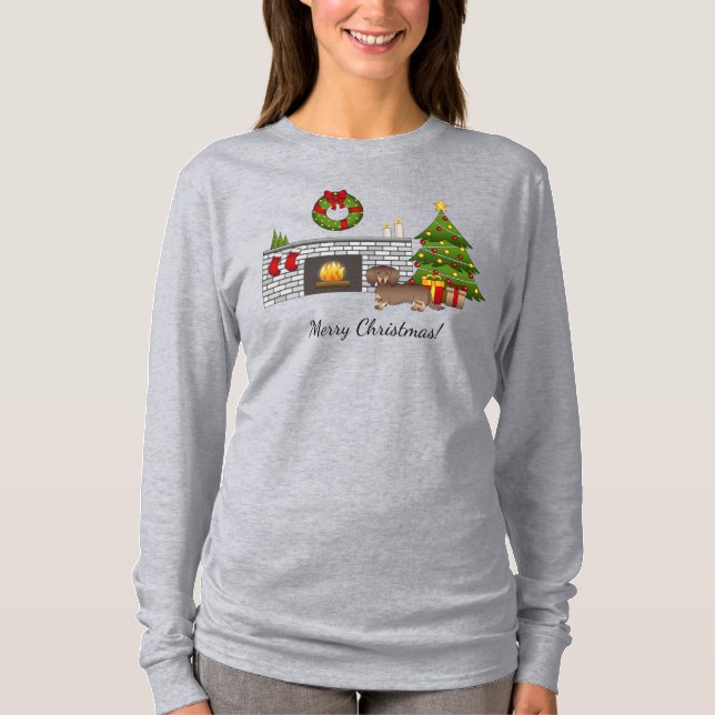 Camiseta Dachshund de Natal de Pelo Longo Chocolate e Bege  (Frente)