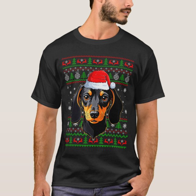 Camiseta Dachshund Dog Christmas Ugly Sweater Santa Adults  (Frente)