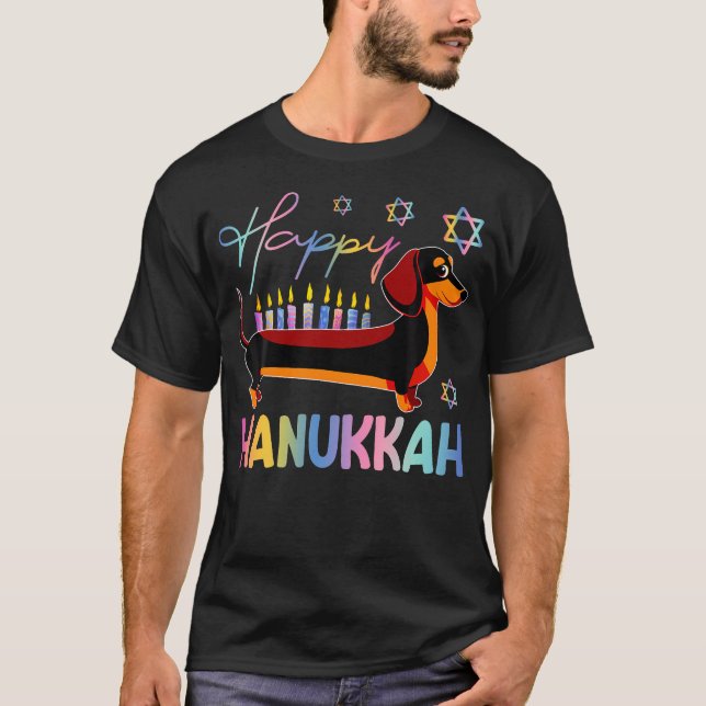 Camiseta Dachshund Dog Menorah Jewish Happy Hanukkah Chanuk (Frente)