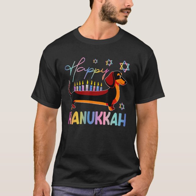 Camiseta Dachshund Dog Menorah Jewish Happy Hanukkah Chanuk (Frente)