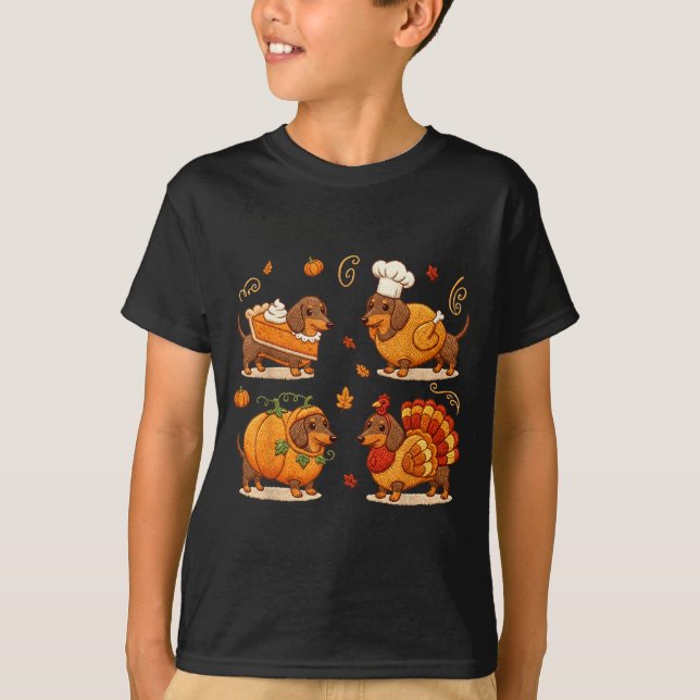 Camiseta Dachshund Dog Pumpkin E Turkey Thanksgiving Men Wo (Frente)