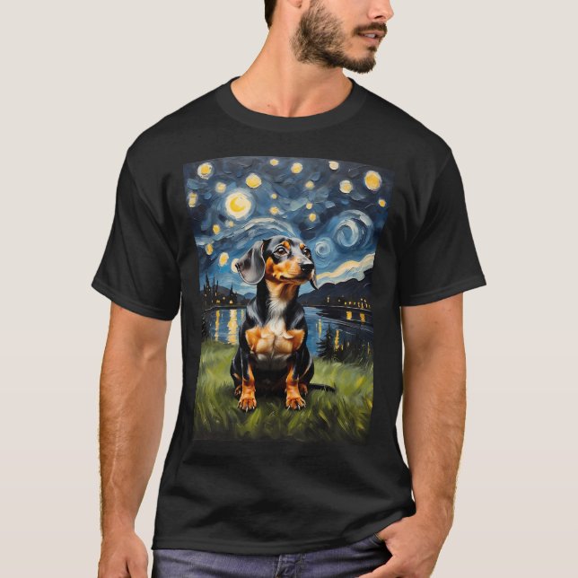 Camiseta Dachshund dog Starry Night, estilo Edvard Munch (Frente)