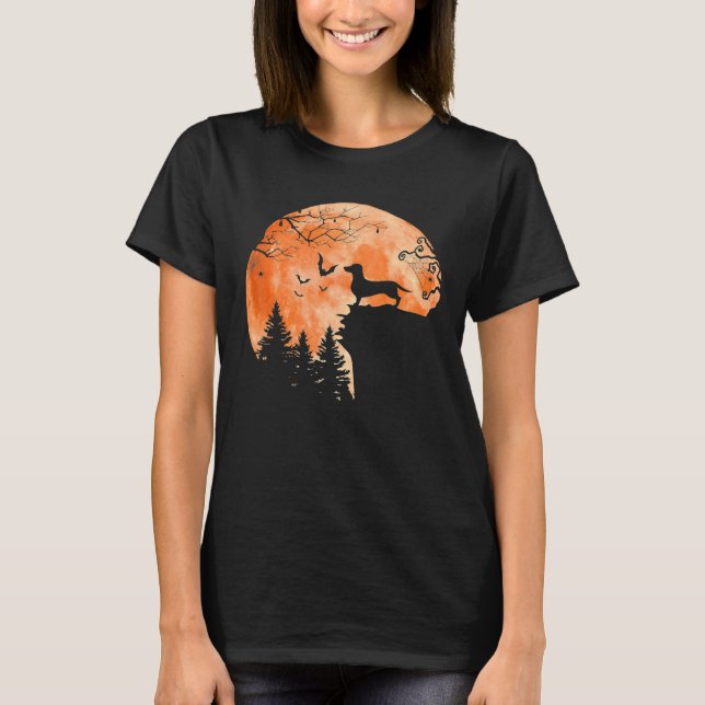 Camiseta Dachshund E Moon Silhoun Cachorros Ao Lover Hallow (Frente)