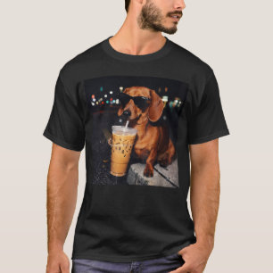 Camiseta Dachshund Engraçado Bebendo Café Gelado
