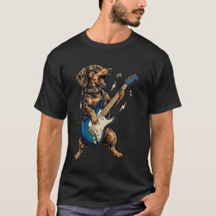 Camiseta Dachshund Engraçado e Fofo Tocando Guitarra Elétri