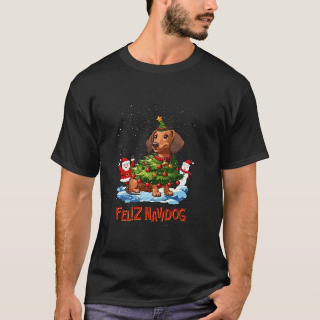 Camiseta Dachshund Feliz Árvore De Natal Luz Cão X Mas Do (Frente)