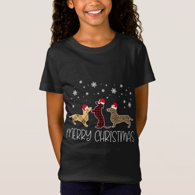 Camiseta Dachshund Felry de Natal, Xadrez-branca Leopard Do (Frente)