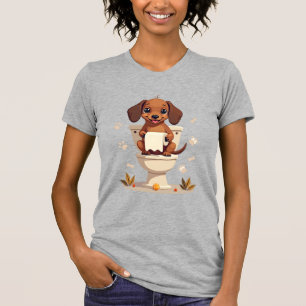 Camiseta Dachshund Fofo Antigo no Cartoon de Banheiro com V