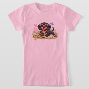 Camiseta Dachshund Fofo na Primavera em Campos de Flores