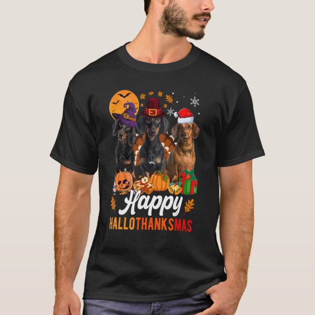 Camiseta Dachshund Halloween Dia de Ação de Graças Halloth (Frente)