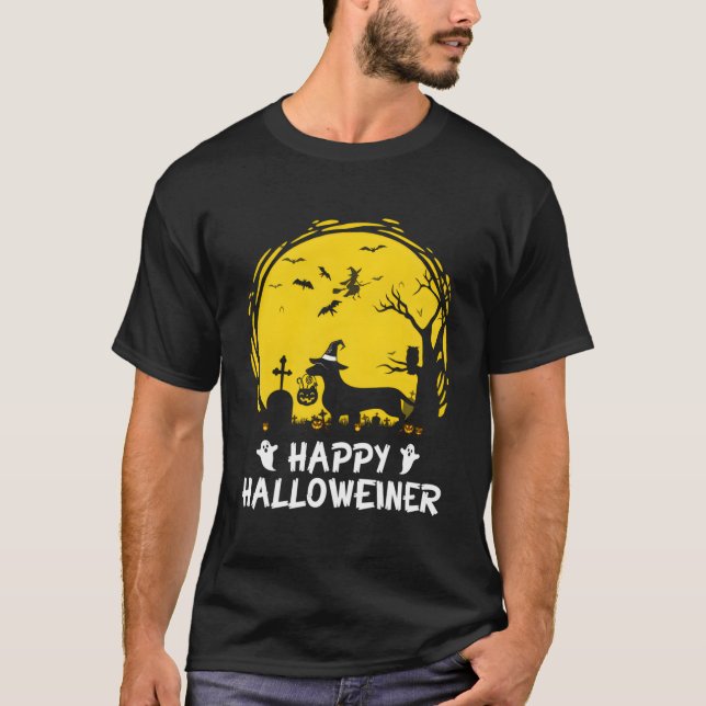 Camiseta Dachshund Happy Halloweiner Dia de as Bruxas engra (Frente)