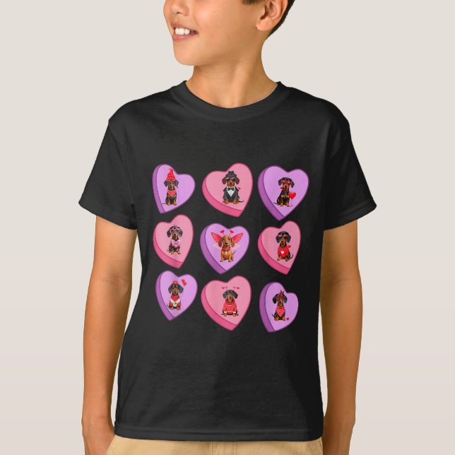 Camiseta Dachshund Hearts Candy Valentines Weiner Dog Pet L (Frente)