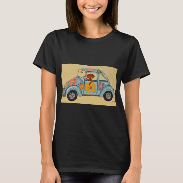 Camiseta Dachshund hippie no carro (Frente)