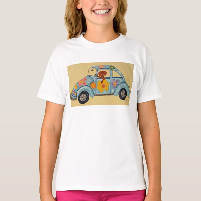Camiseta Dachshund in Hippie Car T-Shirt (Frente)